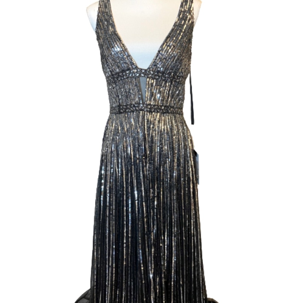 Max Duggal Stunning Black and Silver Sequin Plunge Sleeveless Gown
